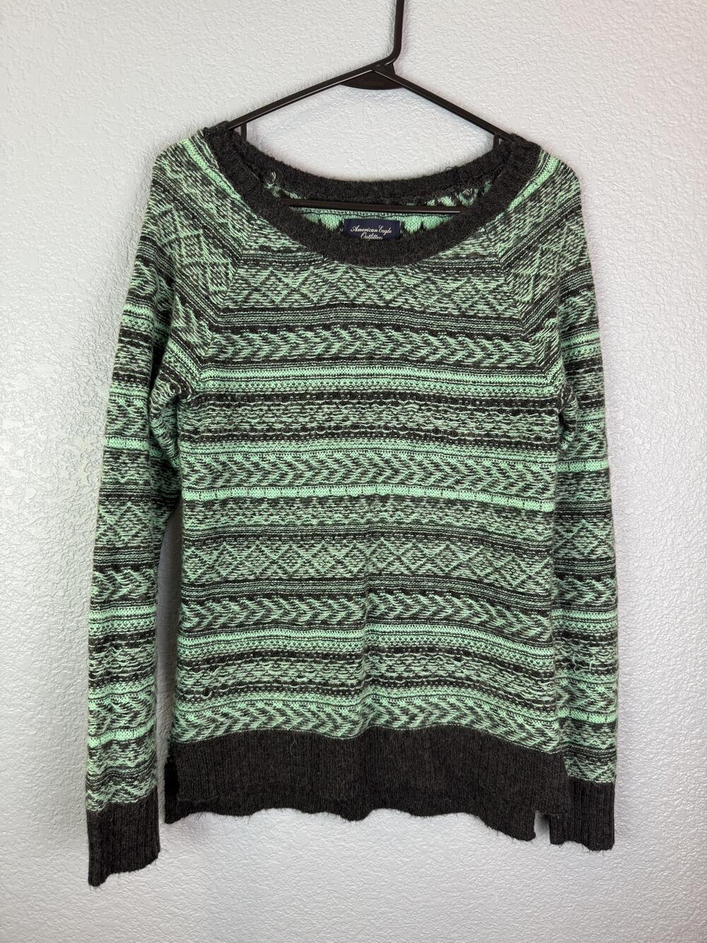 American Eagle Sweater Womens Small Green Gray Wool Mohair Blend Pullover Cozy